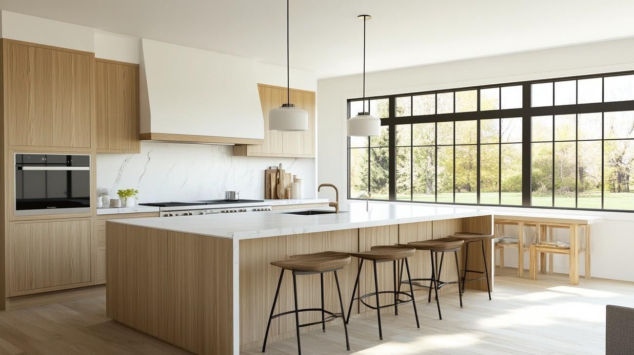 A modern kitchen with a long white island, four wooden stools, and a wall of black-framed windows
