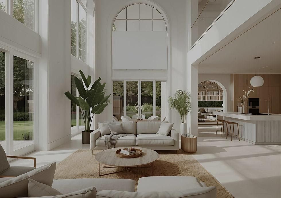 An airy double-height living room with white walls, an arched window, and a grey sofa